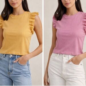 ZARA Orange & Pink Ruffle Sleeve Ribbed Tops Size Large Like New Trendy Pair